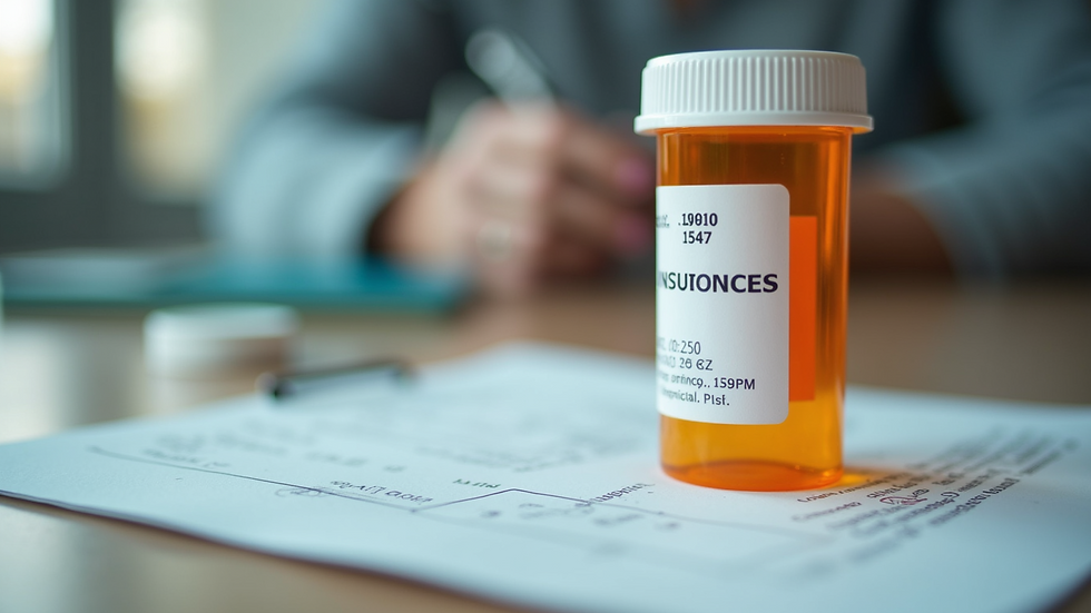 Eye-level view of a prescription bottle and insurance card on a table