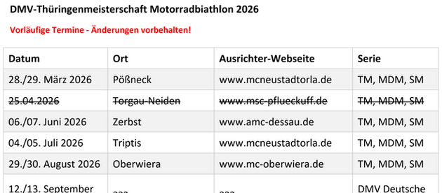 Terminkalender Motorradbiathlon Thüringen 2026 - Update #1