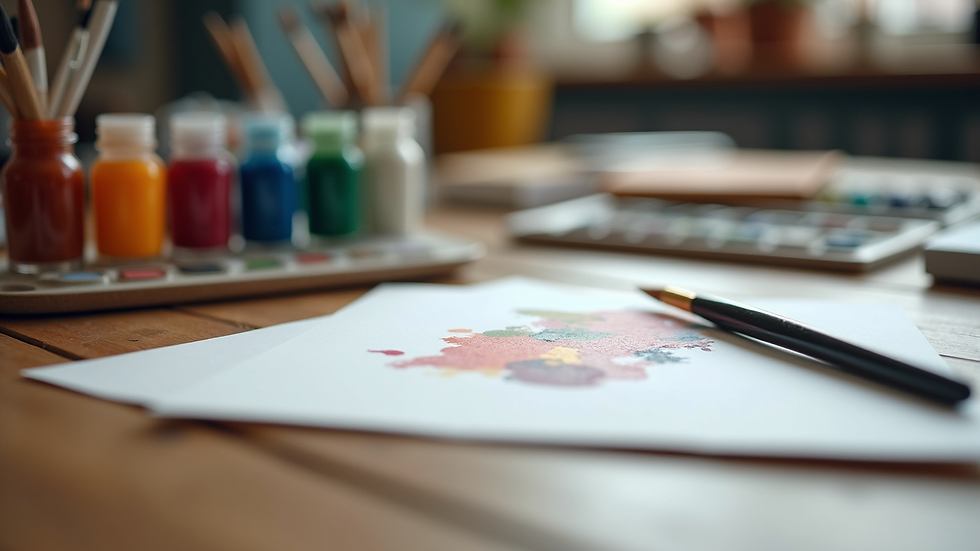 Close-up view of art supplies including paints, brushes, and paper on a wooden table