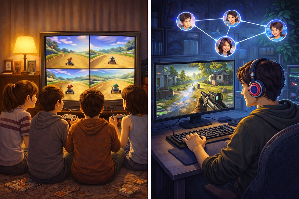 Four friends playing a racing game and one boy playing an FPS game alone