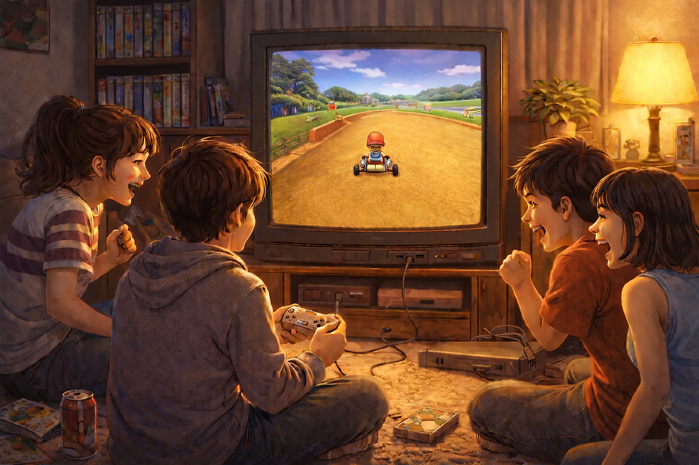 Four friends playing games and cheering for each other