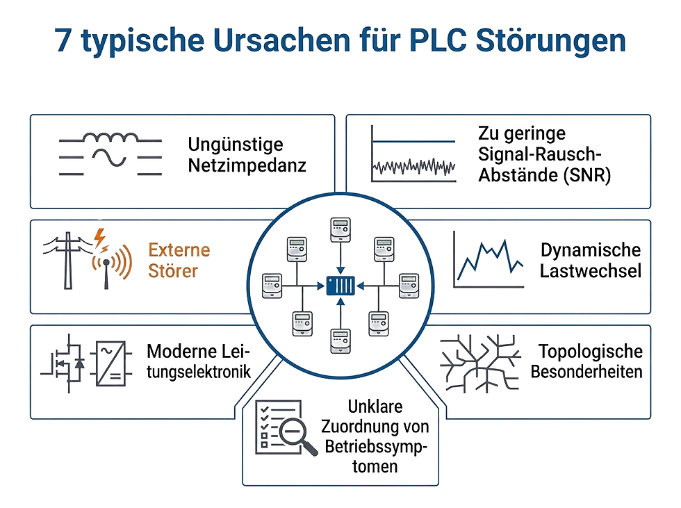Infografik zu 7 typischen Ursachen für PLC-Störungen im Smart-Meter-Rollout