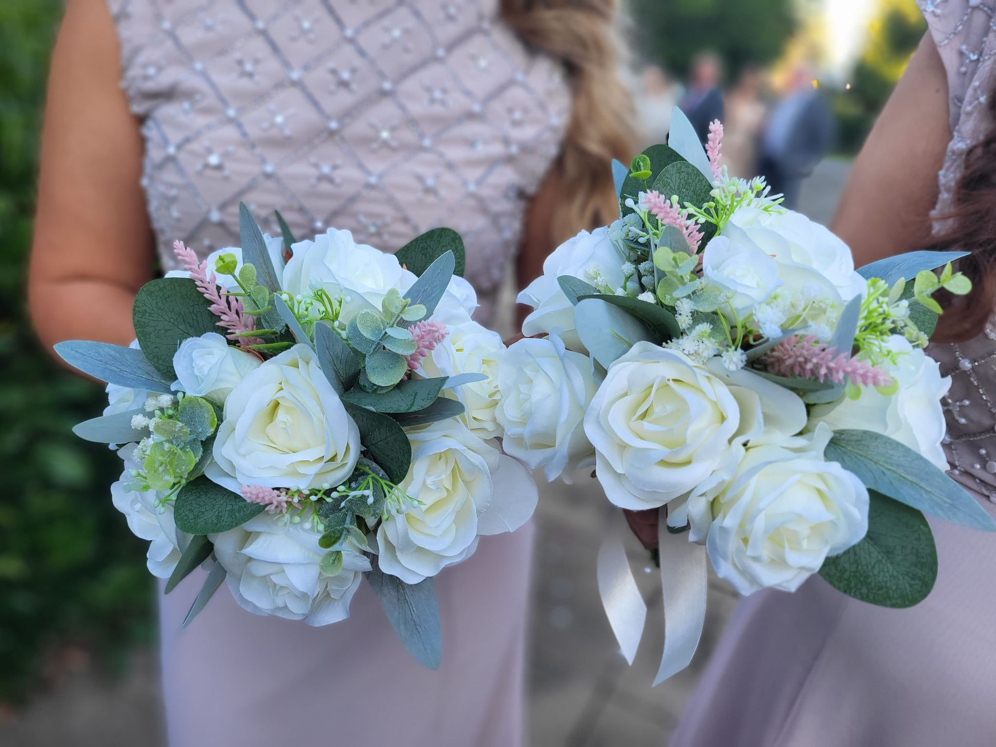 Silk wedding flowers with eucalyptus and greenery