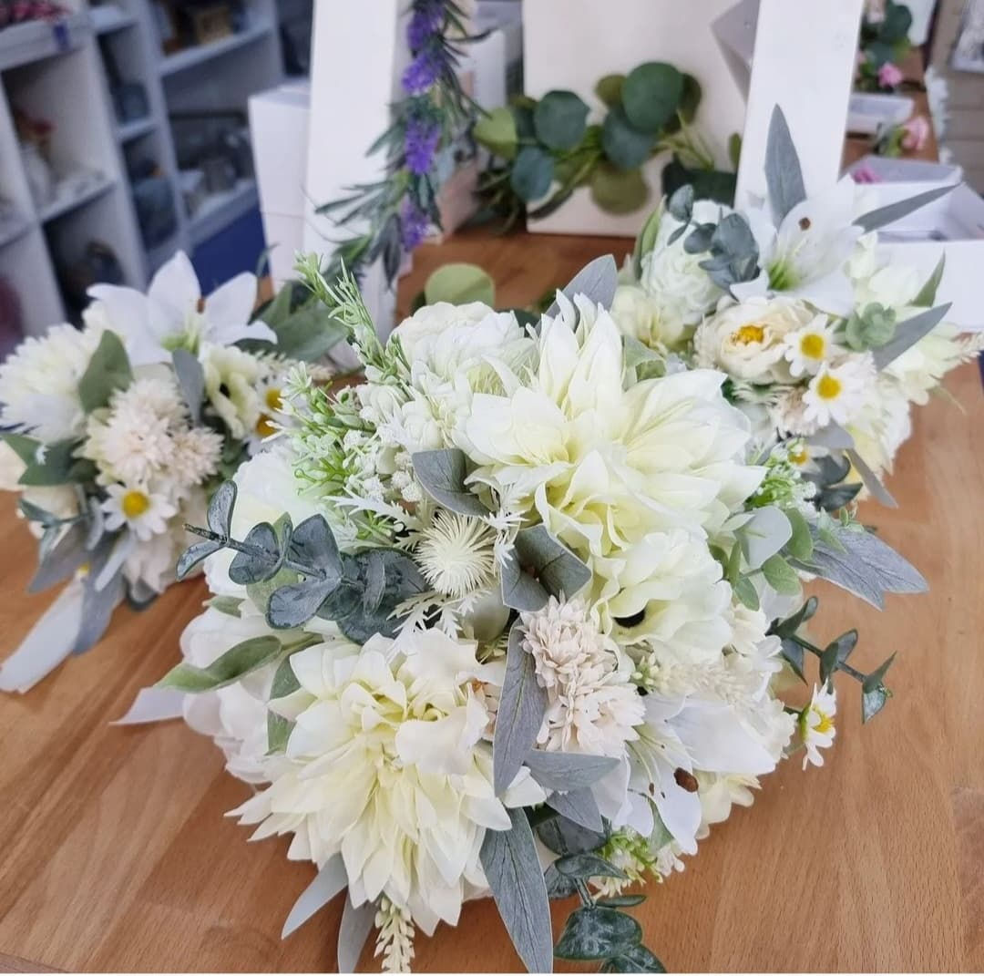 Silk Bridal Bouquet with greenery matching buttonholes & garland