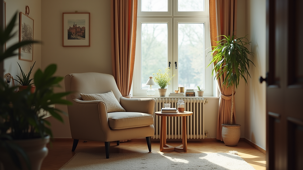 Eye-level view of a cozy living room with a comfortable armchair and a small table