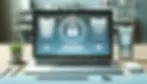 A contemporary workspace featuring a laptop and a smartphone on a desk. The screens of both the laptop and smartphone display graphical representations of fingerprint scanners with a central lock symbol indicating multi-factor authentication. Beside the laptop is a potted plant, with a pen and a computer mouse lying on the table.