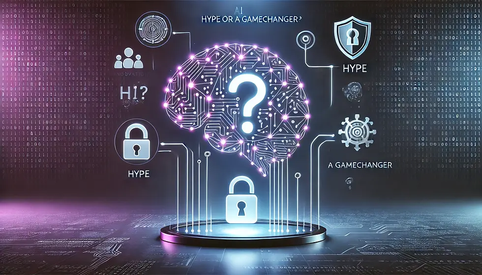 An illustration questioning the role of AI in cybersecurity: Is it hype or a gamechanger? Featuring a glowing brain with circuitry, question marks, and symbols of cybersecurity such as locks and shields, surrounded by abstract binary code.