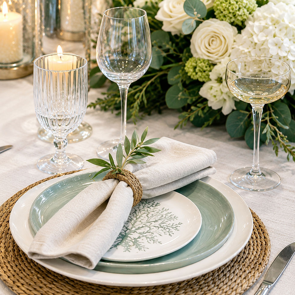 Coastal table setting with sage green dinnerware, a coral-patterned plate, linen napkin, crystal glassware, candles, and white florals.