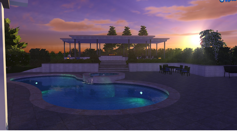 Sunset over a pool in the back yard. Covered pool deck, pool patio, trees, sky with sunset and pool deck. Landscape Design by Daniel Galyas of Reynard Custom Homes