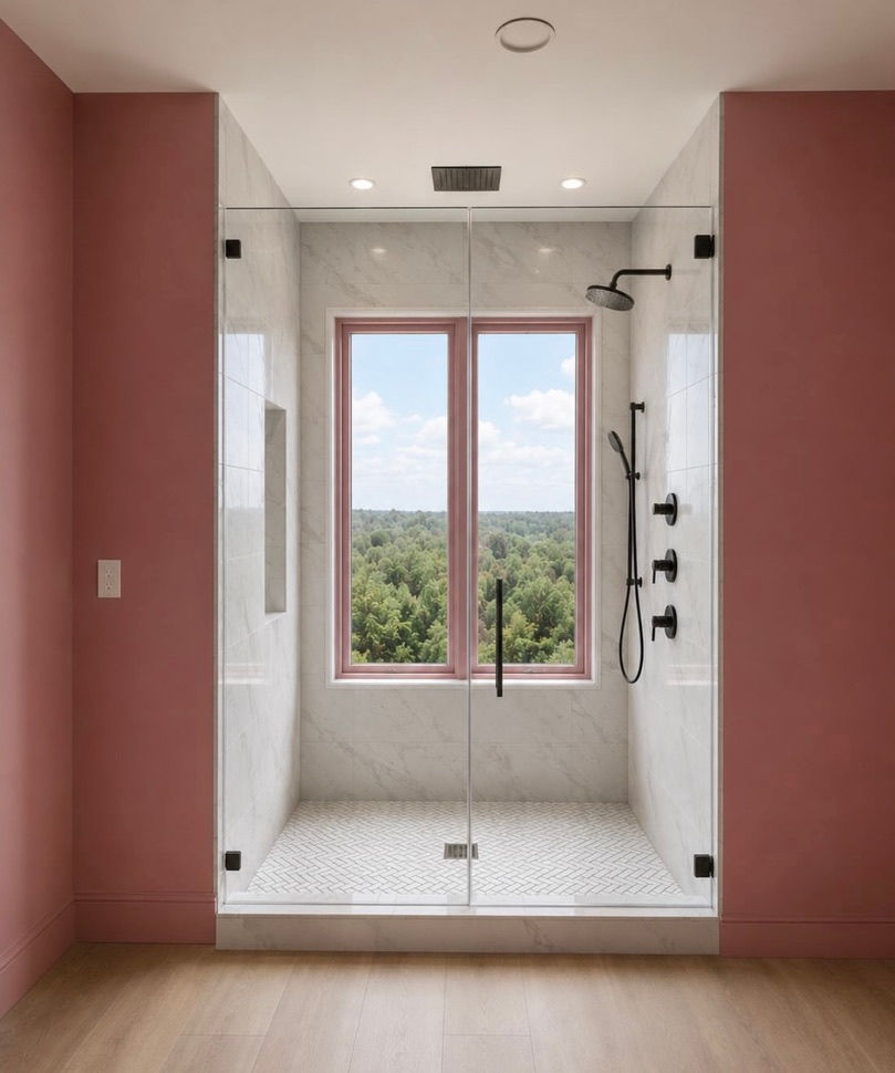 Modern glass shower with black fixtures and pink walls, framed by a window overlooking a green forest and blue sky. Architecture by James Knight (Reynard Architectural Designs) Photo by Blue Dog Construction