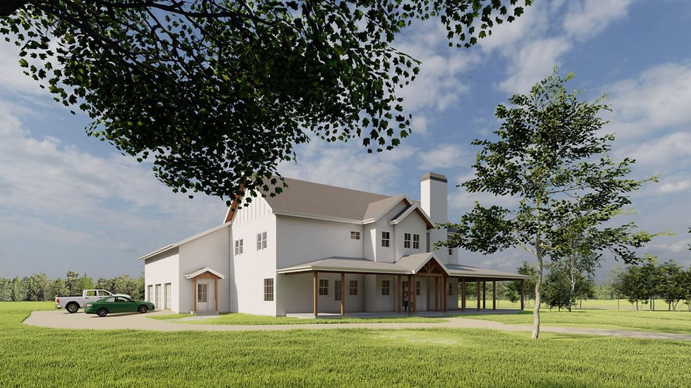 Large white house with a brown roof, surrounded by grass and trees under a blue sky. Green and white cars parked outside. Tranquil setting. A modern farmhouse style home designed by James Knight of Reynard Custom Homes. Hiawassee, GA