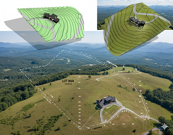 Query successful An aerial view of a mountain landscape with a large, elevated plot of land. The image combines a site plan diagram with an aerial photograph. The site plan outlines "Lot 265R," a 5.98-acre parcel, and shows contour lines and roads named "Andes Ridge" and "Stone Cliff Drive." An architectural rendering of a modern home is superimposed on the lot, showing its placement and orientation on the hilltop. In the background, rolling, tree-covered mountains extend to the horizon under a clear sky with scattered clouds. Talking Rock, GA Reynard Custom Homes architectural design