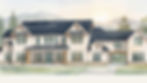 Watercolor rendering of a large white modern farmhouse with dark roof, front porch, and mountain backdrop. Reynard Architectural Designs in Young Harris, GA