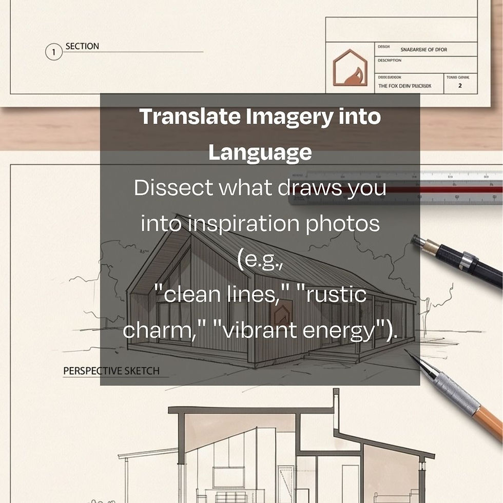 Architectural drawings overlaid with text: Translate Imagery into Language. Dissect design appeal, e.g., "clean lines," "rustic charm," "vibrant energy." Reynard Architectural Designs. How To Design Your Dream home handbook.
