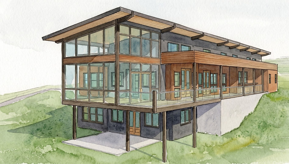 Watercolor rendering of a modern house rear elevation featuring massive glass window walls and multi-level viewing decks.