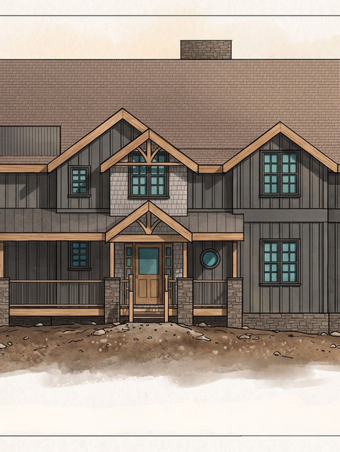 Architectural drawing showing the front exterior elevation of a two-story craftsman-style home with a front porch and multiple gables.
Reynard Architectural Designs in Blairsville, GA