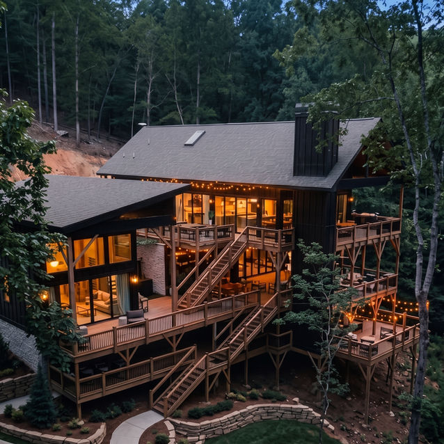 An elevated, wide-angle twilight photograph of Rivertop, a luxury multi-level modern mountain home designed by REYNARD Architectural Designs in Talking Rock, GA. The striking dark-paneled cabin features expansive floor-to-ceiling glass windows glowing with warm interior light, an attached guest house (ADU), and an extensive network of multi-tiered wooden decks connected by outdoor staircases overlooking a scenic river and dense forest backdrop.