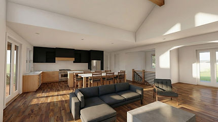 Deer River Trail Gainesville, GA Reynard Custom Homes. Photorealistic interior rendering of a bright, open-concept great room and kitchen featuring rich hardwood flooring. The kitchen area includes two-toned cabinetry with light wood lower cabinets and black upper cabinets, along with a large central island with seating. The living area is furnished with a dark gray L-shaped sectional sofa, a modern armchair, and a rectangular concrete coffee table. Natural light floods the space through glass doors on the left, highlighting the white walls and vaulted ceiling