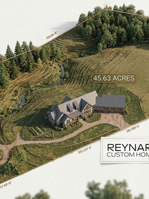 A 3D layout of a 45.63-acre plot with trees, a house, and contour lines. Text: Reynard Custom Homes. Located by Campground Road.