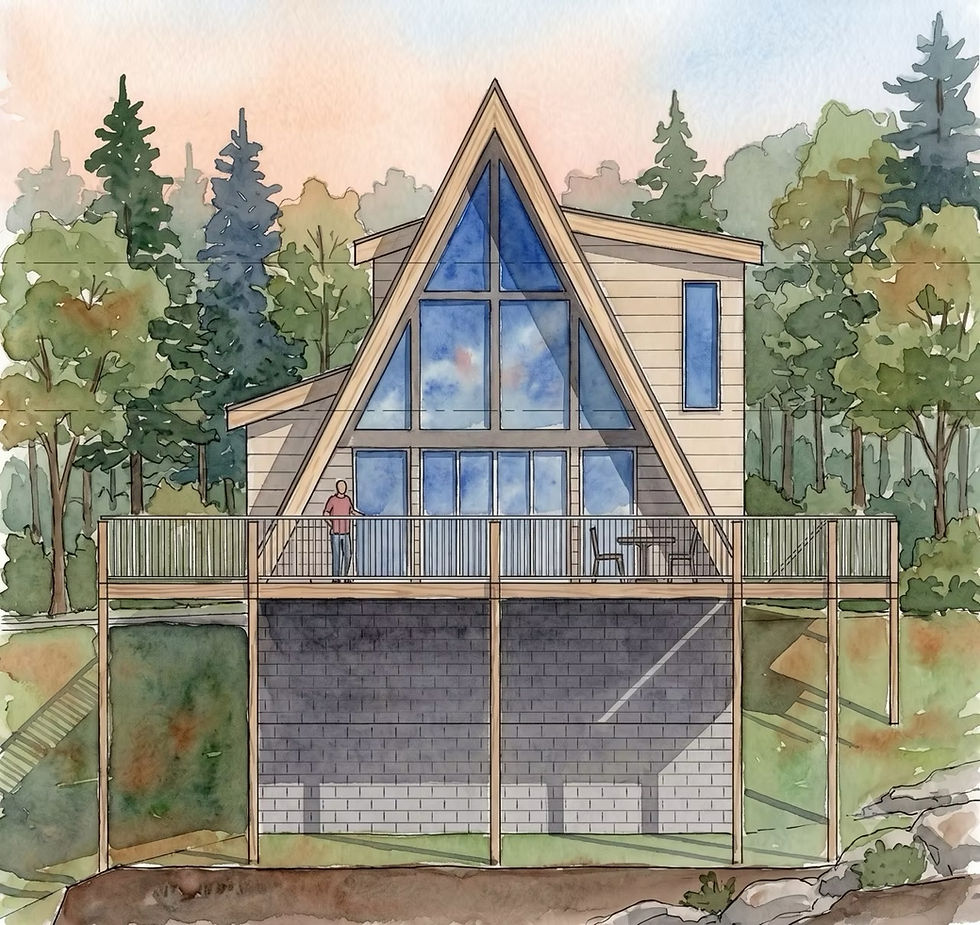 Exterior rendering of a modern dark A-frame cabin built on a sloped lot in Jake's Landing, Ellijay, GA
