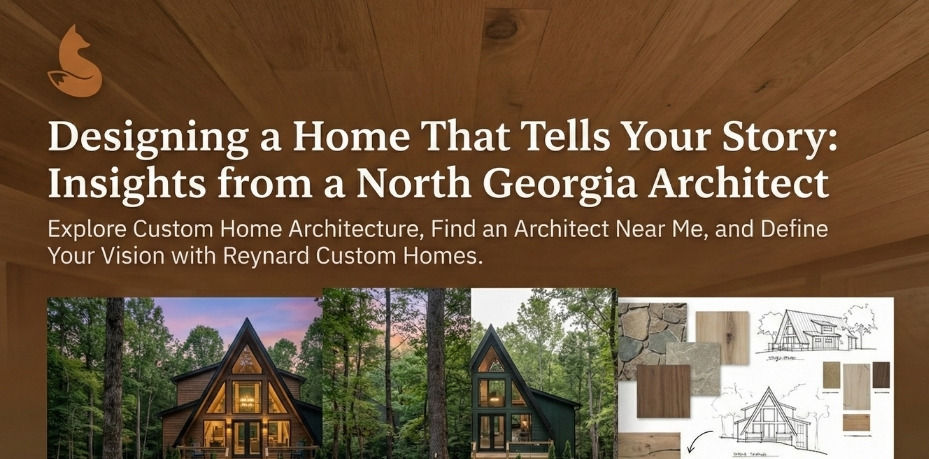 Designing A Home That Tells Your Story - Reynard Custom Homes. Insights from a North Georgia Architect.' The image features the stylized fox logo, a photo of the modern Stella Luna A-frame cabin in a forest setting, and an architectural mood board with sketches and material swatches,