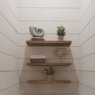 Wall shelves hold a nautilus shell, plant, basket, and fish-shaped decor in a room with white wood paneling, creating a coastal feel. Reynard Custom Homes.