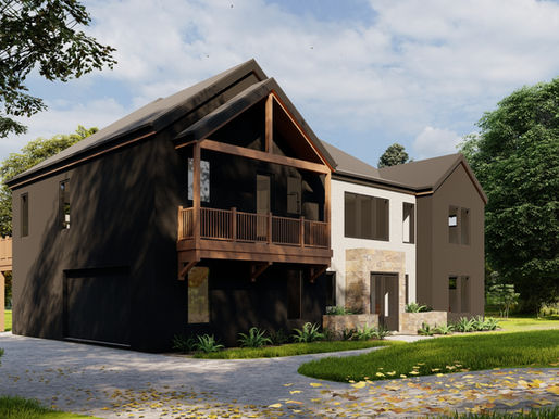 Modern dark house with wooden balcony, stone accents, surrounded by lush green trees and lawn, set under a partly cloudy sky. Designed by James Knight of Reynard Custom Homes