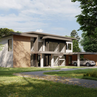 exterior rendering of a custom modern contemporary home designed by James Knight of Reynard Custom Homes. Built in 2024 in Hampton, GA outside of Atlanta. Architectural design services, 3D renderings, floor plans and visuals by Reynard
