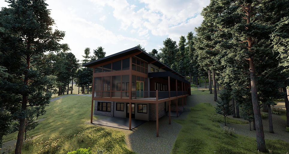 High resolution architectural rendering of a modern custom home with a wraparound rear porch overlooking the woods in the north Georgia mountains. Architectural design by James Knight.