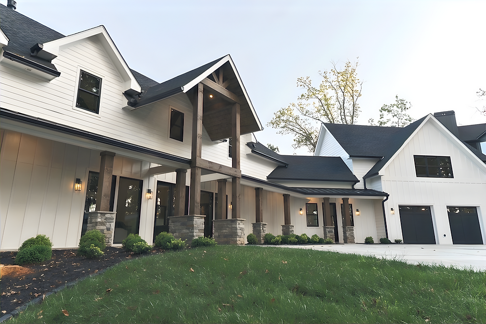 wide, low-angle shot of a sprawling white modern farmhouse. The entrance features a prominent covered porch supported by thick, natural wood pillars on stone bases, looking out over a green lawn. Highland Park. Blairsville, GA Reynard Architectural Designs