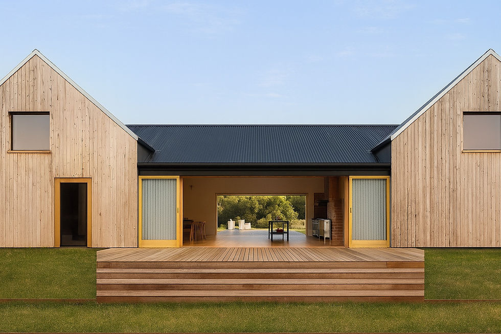 Modern wooden house with a black roof, large open sliding doors leading to a patio, and green lawn. Bright blue sky above.  (Reynard Architectural Designs) 