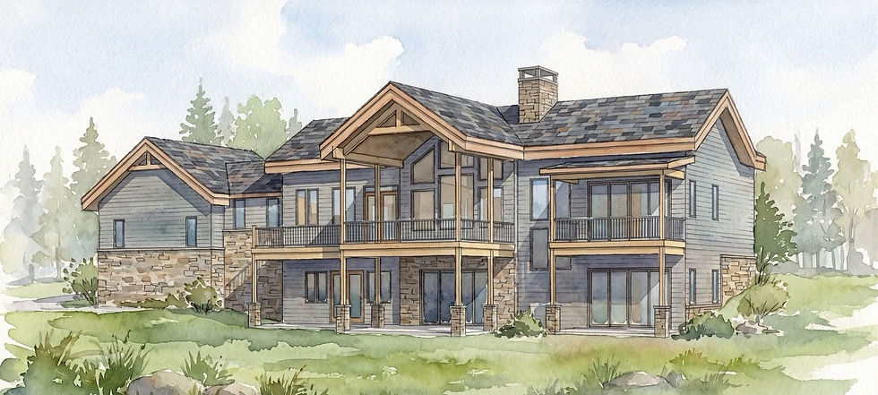 Watercolor rendering of a large modern two-story house with stone and wood accents, balconies, and green lawn under a cloudy sky. Ellijay, GA Harpers Creek Reynard Architectural Designs