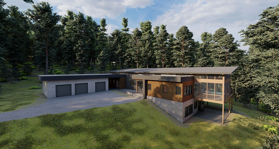 Exterior rendering of a custom modern home designed by James Knight of Reynard Architectural Designs. Image shows a main level home with a 3 car garage, screened in porch over a patio overlooking the rear of the lot with a creek