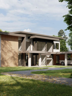 Modern house with large windows, set in a lush forest. Green grass surrounds the home, with a clear sky above. Mood is serene and peaceful. "Transart" is a recent home designed by James Knight of Reynard Custom Homes and shows off this client's taste in contemporary design elements.