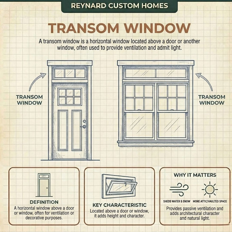 Reynard Custom Homes' infographic on transom windows, detailing designs above doors and windows, emphasizing ventilation and design benefits.