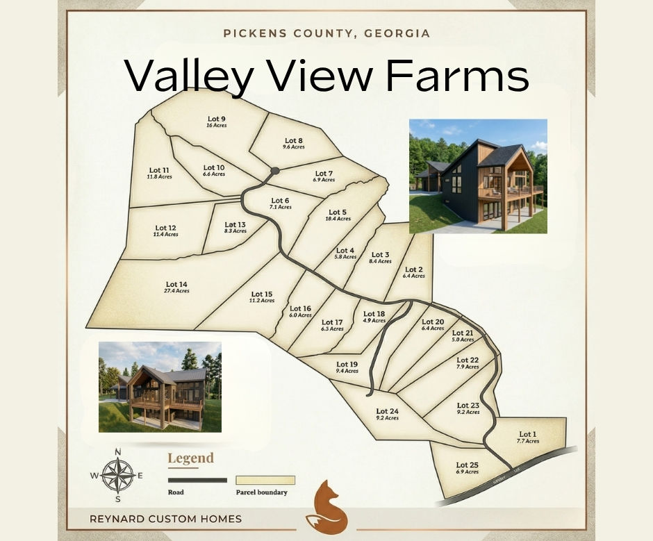 "Parcel map of Valley View Farms in Pickens County, Georgia, showing available large-acreage lots for custom builds. Branded with the Reynard Custom Homes logo and website, featuring inset photos of the scenic mountain landscape."