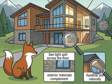 Illustration of a house with text on digital twins. Fox in foreground, mountains in back. Magnifiers highlight design aspects. Reynard Custom Homes architectural design.