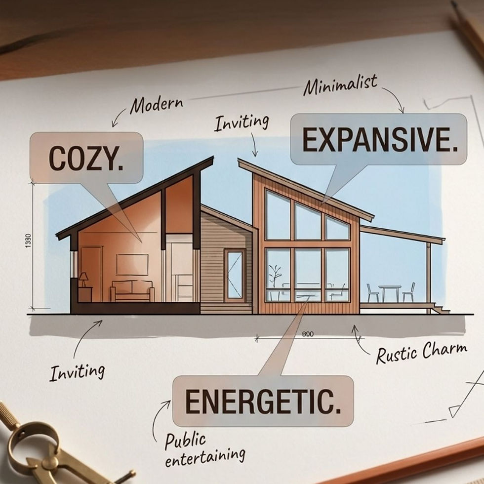 A modern house sketch labeled "Cozy," "Expansive," "Energetic." Features inviting interior, minimalist design, and rustic charm for entertaining. Reynard architectural Designs