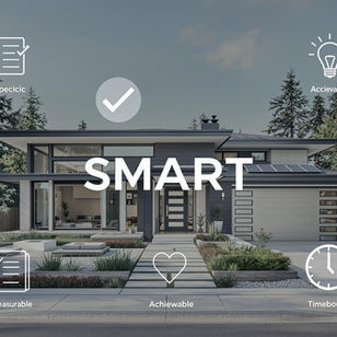 Modern house with solar panels, surrounded by trees. Text reads "SMART" with icons for Specific, Measurable, Attainable, Relevant, Time-Bound. Reynard Custom Homes helps clients set SMART goals to design their dream homes.