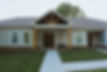 Front exterior of a single-story custom home featuring a large gabled portico with exposed natural wood beams and columns. The house has light grey horizontal siding with a stone veneer skirting, dark double entry doors, and white-framed windows. A concrete walkway leads through a green lawn to the covered front porch.