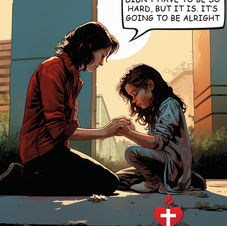 mom consoling daughter on sidewalk