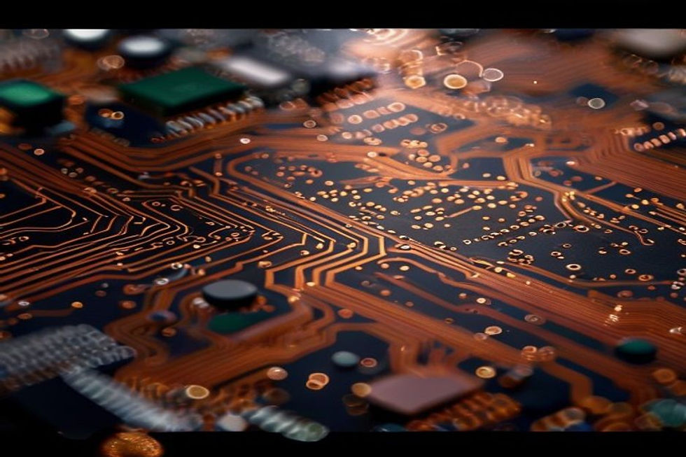 PCB copper trace layers microvia cross-section under industrial microscope