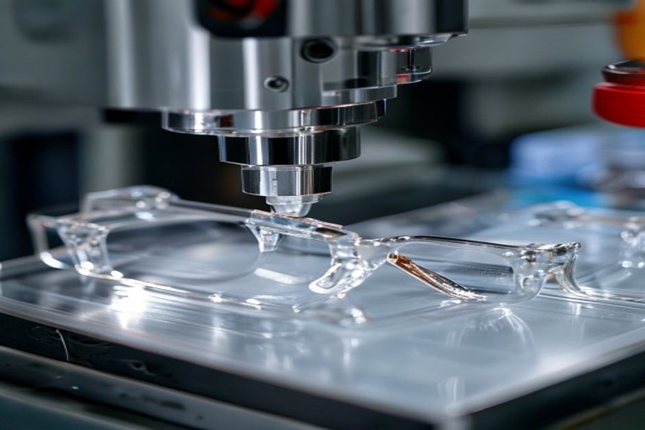 CNC machine precision cutting acetate eyewear frames in Chinese optical manufacturing factory