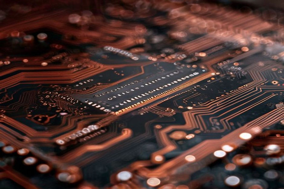HDI PCB cross-section showing copper-filled microvia layers under microscope