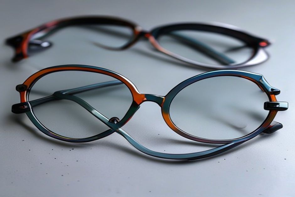 Metal eyewear frames with anodized color treatment displayed in quality inspection at optical factory