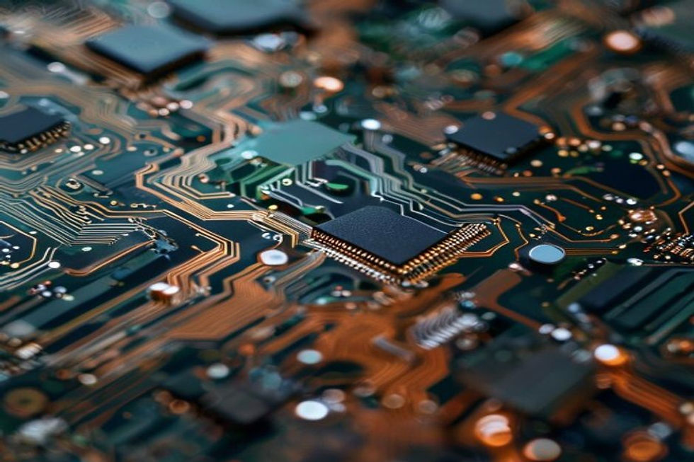 PCB copper traces and microvia cross-section under microscope inspection