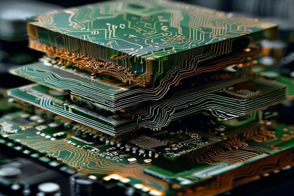 PCB multilayer stack-up cross section showing copper layers and dielectric materials