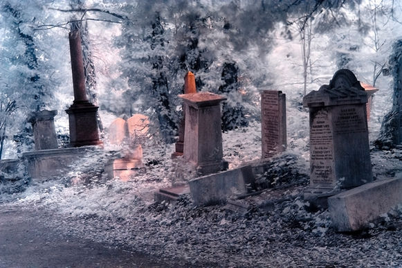 infrared photo of a row of old neo-gothic tombstones surrounded by a surreal and peaceful light blue atmosphere with a pale red tinge