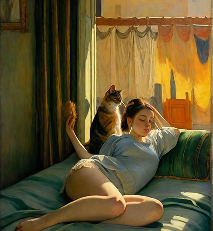 a woman laying on a bed next to a cat, in the style of an oil painting, 1600s, exquisite d