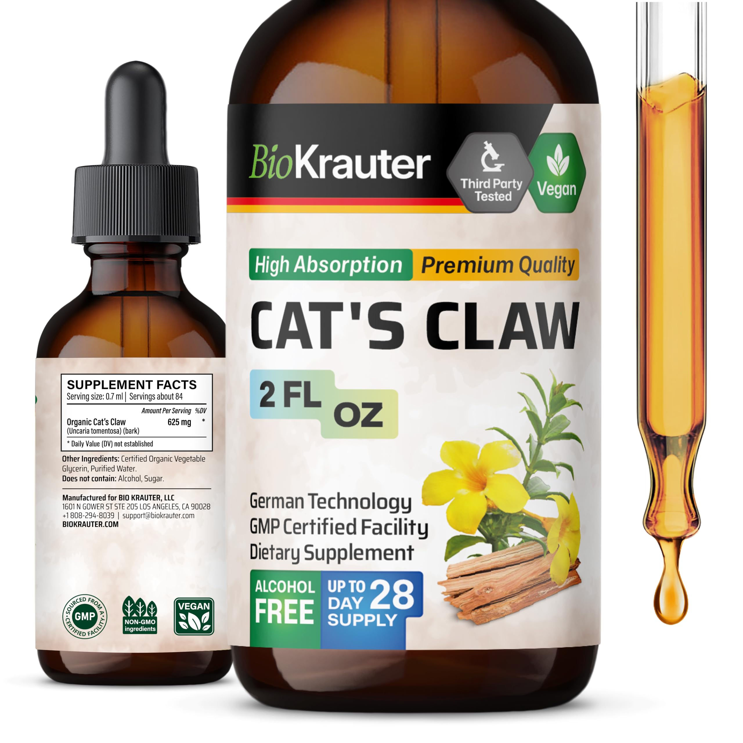 BIO KRAUTER Cats Claw Tincture - Vegan Cats Claw Supplement - Immune Support - A